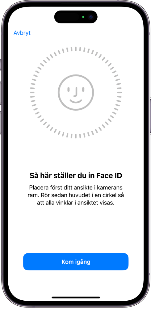 Inställningsskärm för Face ID-igenkänning. Ett ansikte omringat av en cirkel visas på skärmen. Text nedanför talar om för användaren att slutföra cirkeln genom att röra huvudet. En knapp för hjälpmedelsalternativ visas nära nederkanten av skärmen.