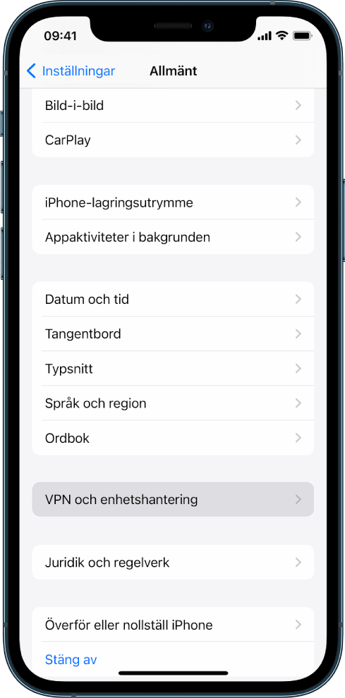 En iPhone-skärm som visar att alternativet VPN och enhetshantering är markerat.
