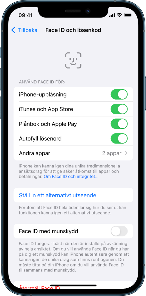 iPhones Face ID-skärm visar vad Face ID kan användas till, exempelvis som iPhone-upplåsning, för iTunes och App Store, Plånbok och Apple Pay samt Autofyll lösenord.