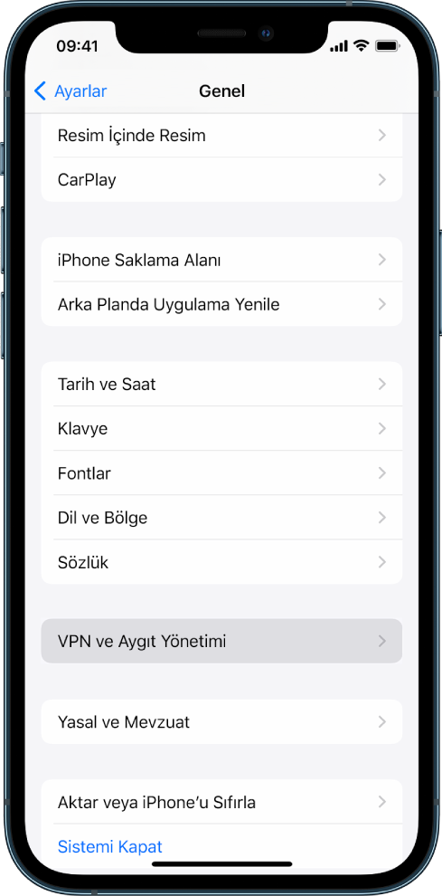 VPN ve Aygıt Yönetimi seçeneğini seçili olarak gösteren bir iPhone ekranı.