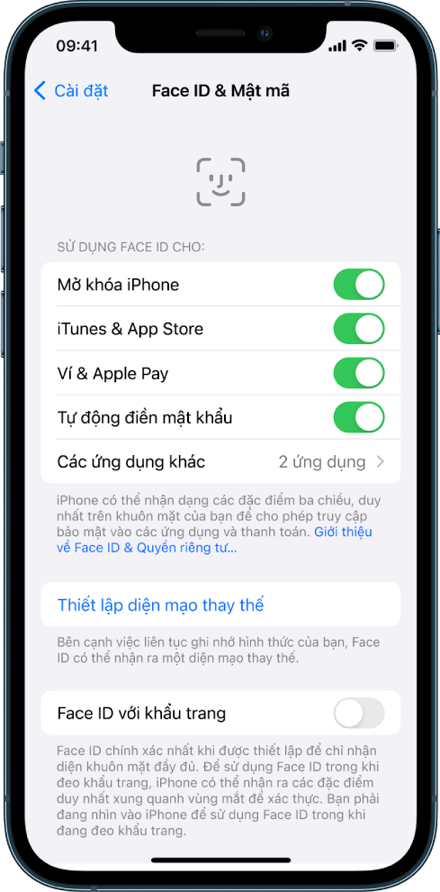 Màn hình Face ID của iPhone đang cho thấy Face ID có thể được sử dụng cho những tính năng gì, ví dụ như Mở khóa iPhone, iTunes & App Store, Ví & Apple Pay và Tự động điền mật khẩu.