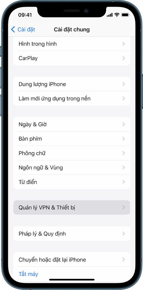 Một màn hình iPhone đang hiển thị tùy chọn Quản lý VPN & Thiết bị được chọn.