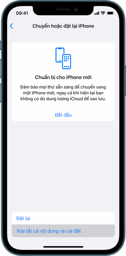 Một màn hình iPhone đang hiển thị Xóa tất cả nội dung và cài đặt dưới dạng tùy chọn được chọn.