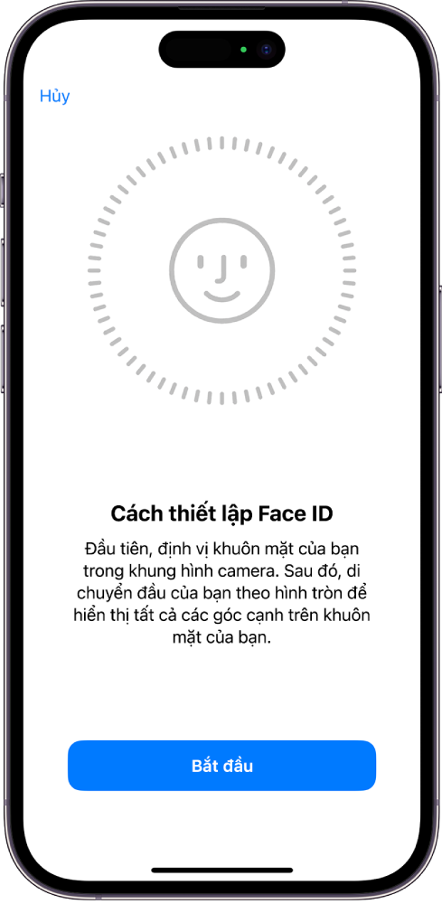 Màn hình thiết lập nhận dạng Face ID. Một khuôn mặt đang hiển thị trên màn hình, được bao quanh trong một vòng tròn. Văn bản bên dưới đó hướng dẫn người dùng di chuyển chậm đầu của họ để hoàn thành vòng tròn. Một nút cho Tùy chọn trợ năng xuất hiện gần cuối màn hình.