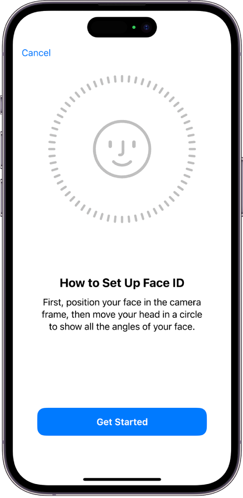 The Face ID recognition set-up screen. A face is showing on the screen, enclosed in a circle. Text below that instructs the user to move their head slowly to complete the circle. A button for Accessibility Options appears near the bottom of the screen.