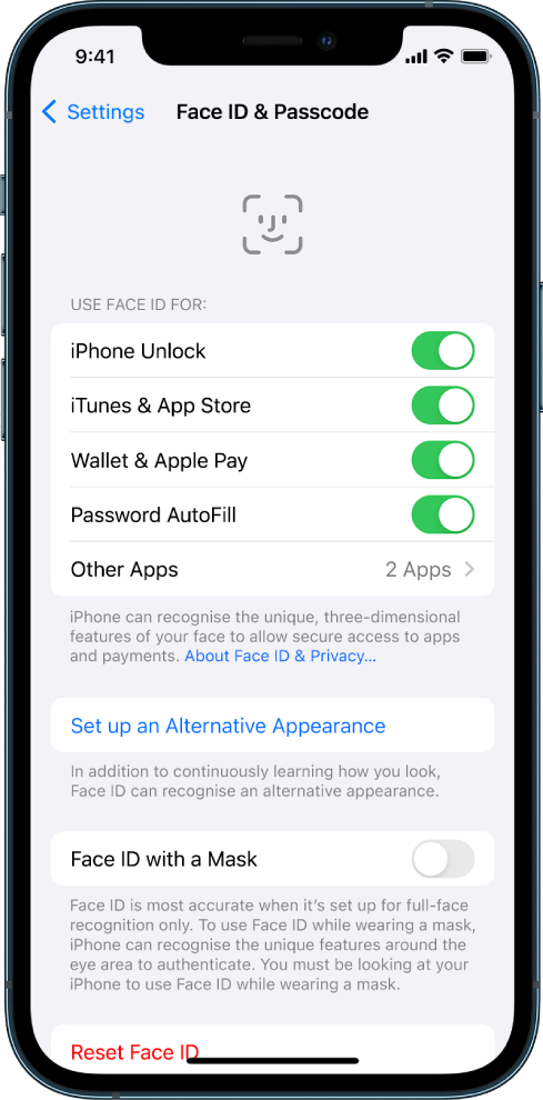 The iPhone Face ID screen showing what Face ID can be used for, such as iPhone Unlock, iTunes & App Store, Wallet & Apple Pay, and Password AutoFill.