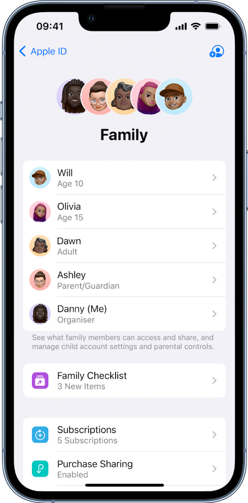 The Family Sharing screen in Settings. Five family members are listed and four subscriptions are shared with the family.