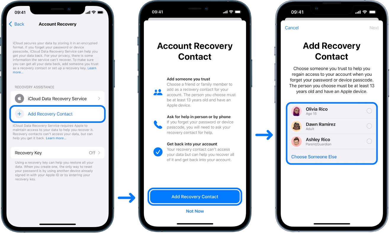 Three iPhone screens showing how to add Account Recovery contacts.
