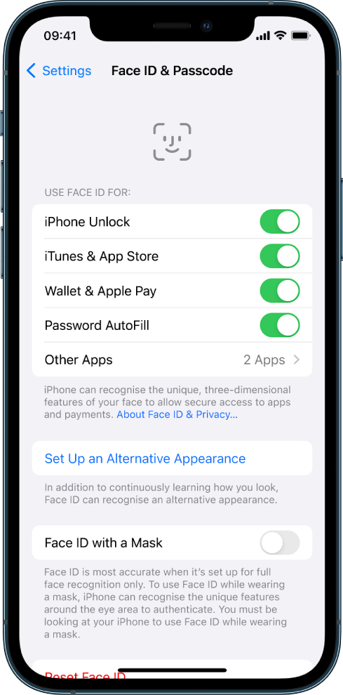 The iPhone Face ID screen showing what Face ID can be used for, such as iPhone Unlock, iTunes & App Store, Wallet & Apple Pay and Password AutoFill.