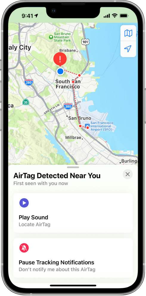 An iPhone screen showing an AirTag detected near the user in the Maps app.