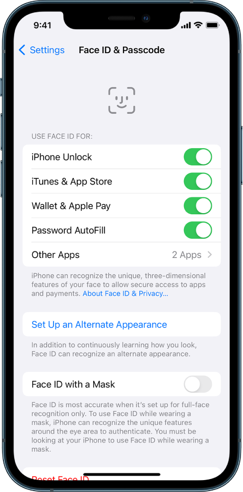 The iPhone Face ID screen showing what Face ID can be used for, such as iPhone Unlock, iTunes & App Store, Wallet & Apple Pay, and Password AutoFill.