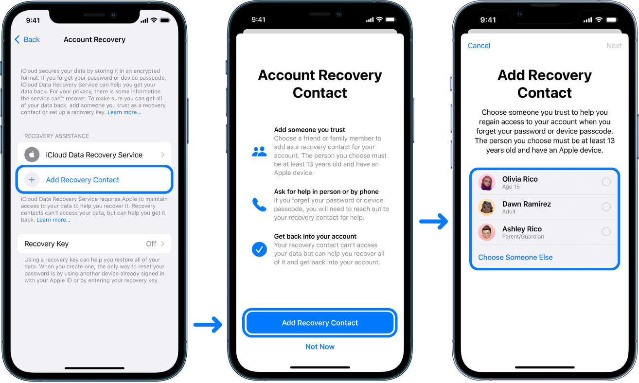 Three iPhone screens showing how to add Account Recovery contacts.