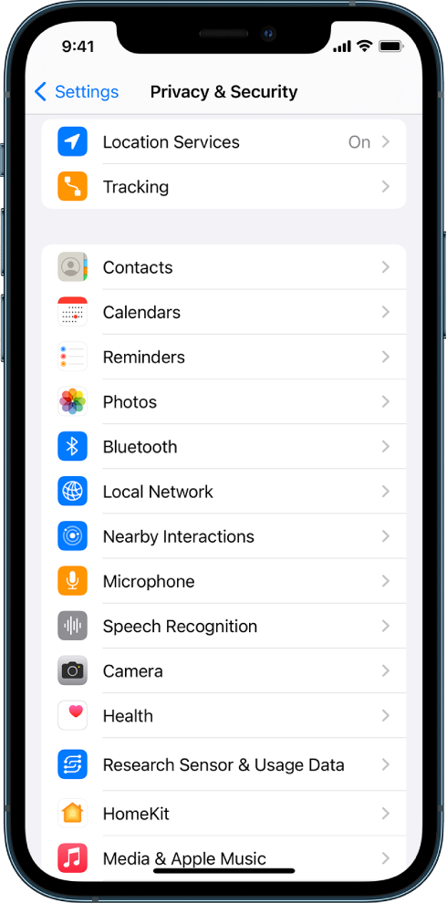 An iPhone showing the Privacy & Security screen in Settings.