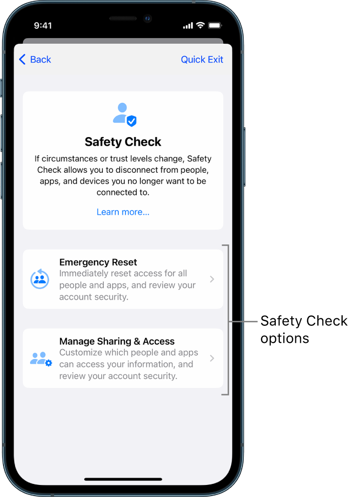 A screen showing the two options available with Safety Check: Emergency Reset and Manage Sharing & Access.