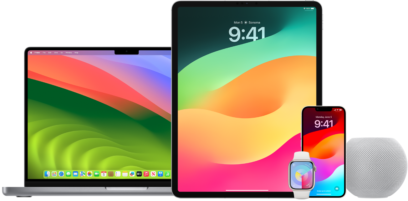 A MacBook, iPad, iPhone, Apple Watch, and HomePod.