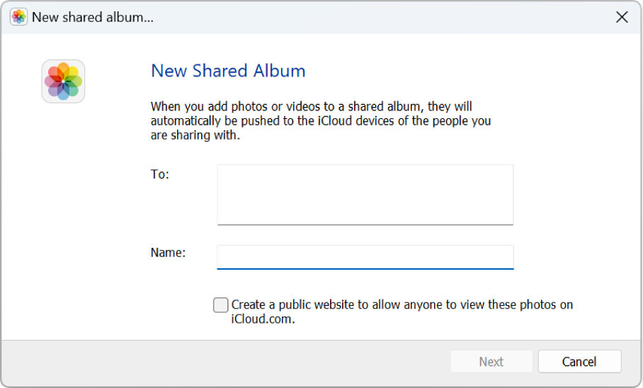 The New Shared Album window on a Windows computer. All the fields are blank.