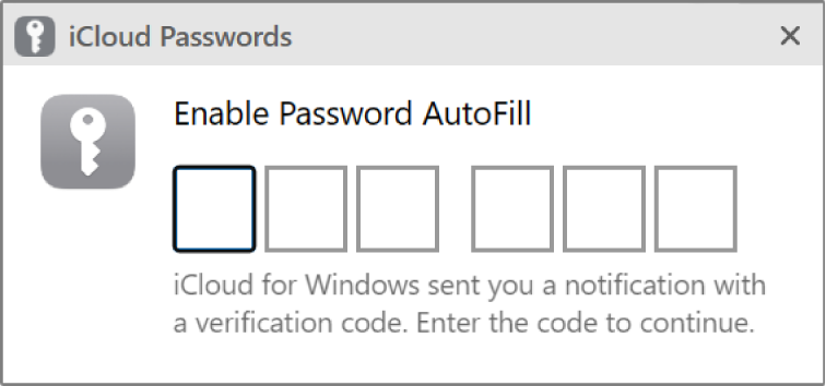 The dialog for entering a verification code in iCloud Passwords.