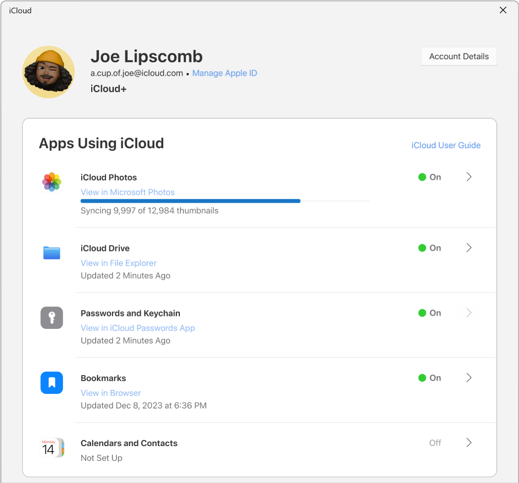 iCloud Windowsille ‑appi, jossa näkyy valintaruutuja iCloud-ominaisuuksien vieressä.