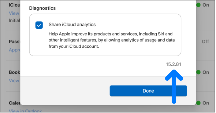 Un gros plan du numéro de version d’iCloud pour Windows.