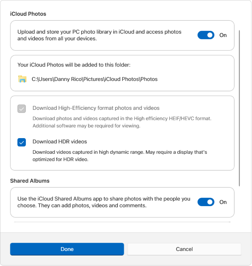 Windows용 iCloud의 사진 옵션. iCloud 사진 및 공유 앨범 기능이 모두 선택되어 있습니다.