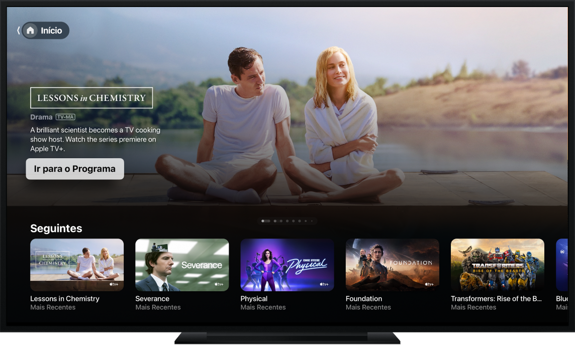 O app Apple TV mostrado na TV