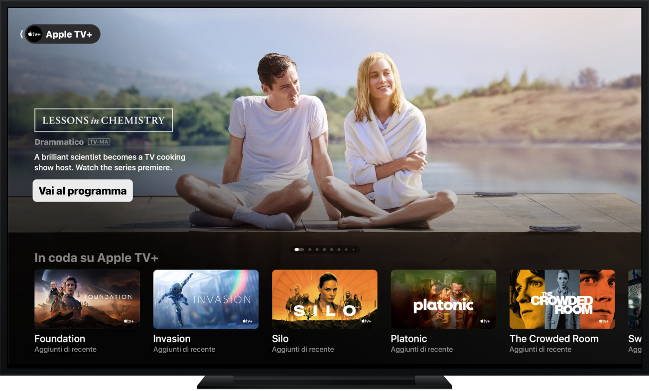 L’app Apple TV visualizzata sullo schermo di un televisore.