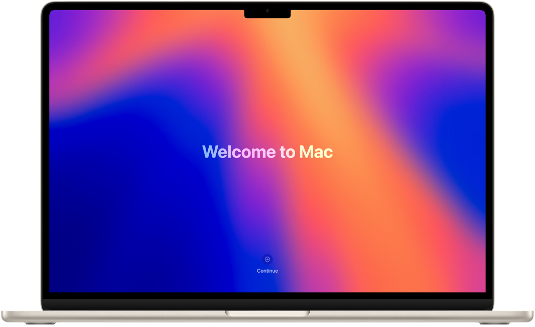 Отворен MacBook Air с „Welcome to Mac“ на екрана.