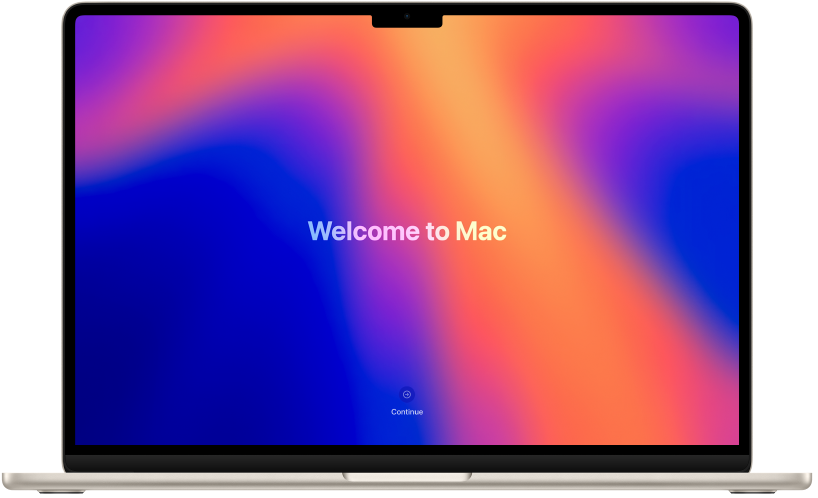 Отворен MacBook Air с думата „hello“ и бутон, на който пише „Get Started“ („Първи стъпки“), на екрана.