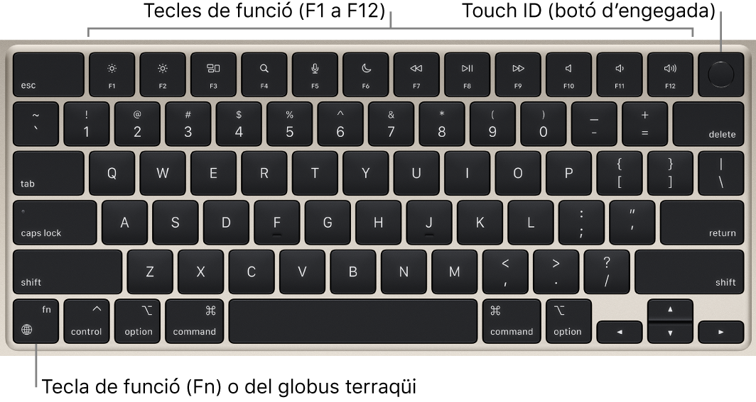 Teclat del MacBook Air en què es veu la filera de tecles de funció i el Touch ID (botó d’engegada) a la part superior, i la tecla Funció (Fn) o del globus terraqüi a l’angle inferior esquerre.