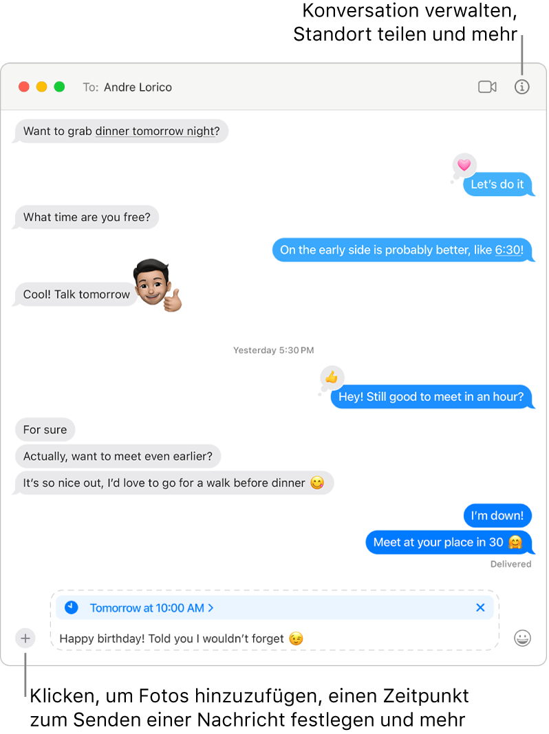 Ein „Nachrichten“-Fenster zeigt eine Konversation. Für eine Nachricht wurde festgelegt, dass sie am nächsten Tag um 10 Uhr morgens gesendet werden soll. Die Nachricht lautet: „Alles Gute zum Geburtstag! Ich hab dir gesagt, dass ich ihn nicht vergesse.“