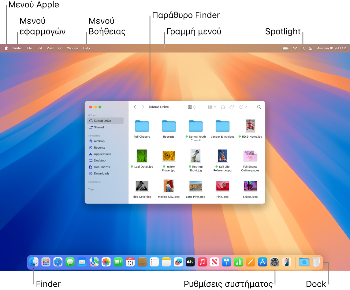 Μια οθόνη Mac όπου φαίνεται το μενού Apple, το μενού Εφαρμογής, το μενού «Βοήθεια», ένα παράθυρο του Finder, το εικονίδιο του Spotlight, το εικονίδιο του Finder, το εικονίδιο των Ρυθμίσεων συστήματος και το Dock.