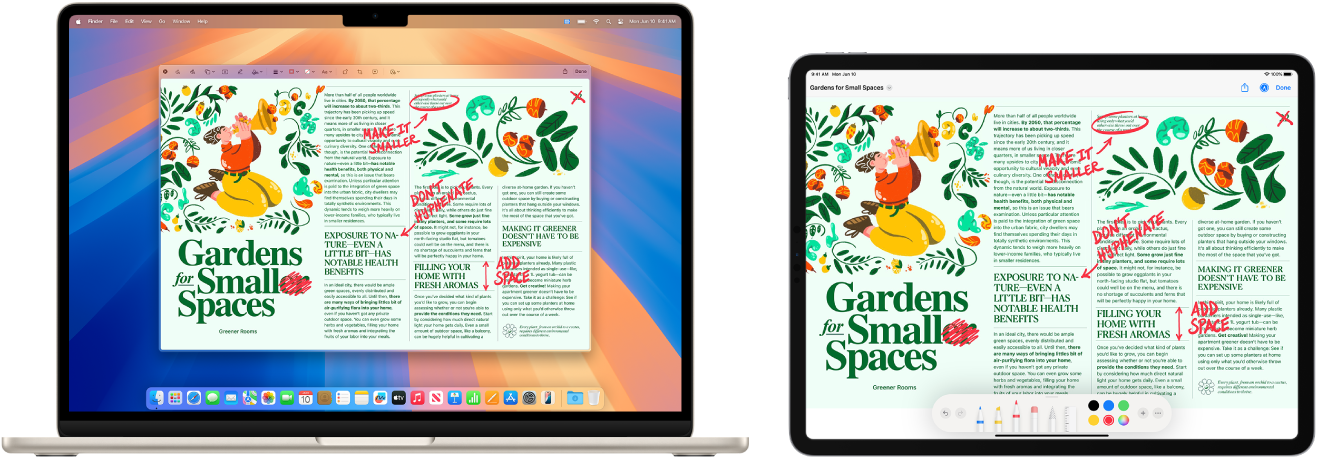 A MacBook Air and an iPad sitting side by side. The MacBook Air shows art within the navigator window of Illustrator. The iPad shows the same art in the document window of Illustrator, surrounded by toolbars.