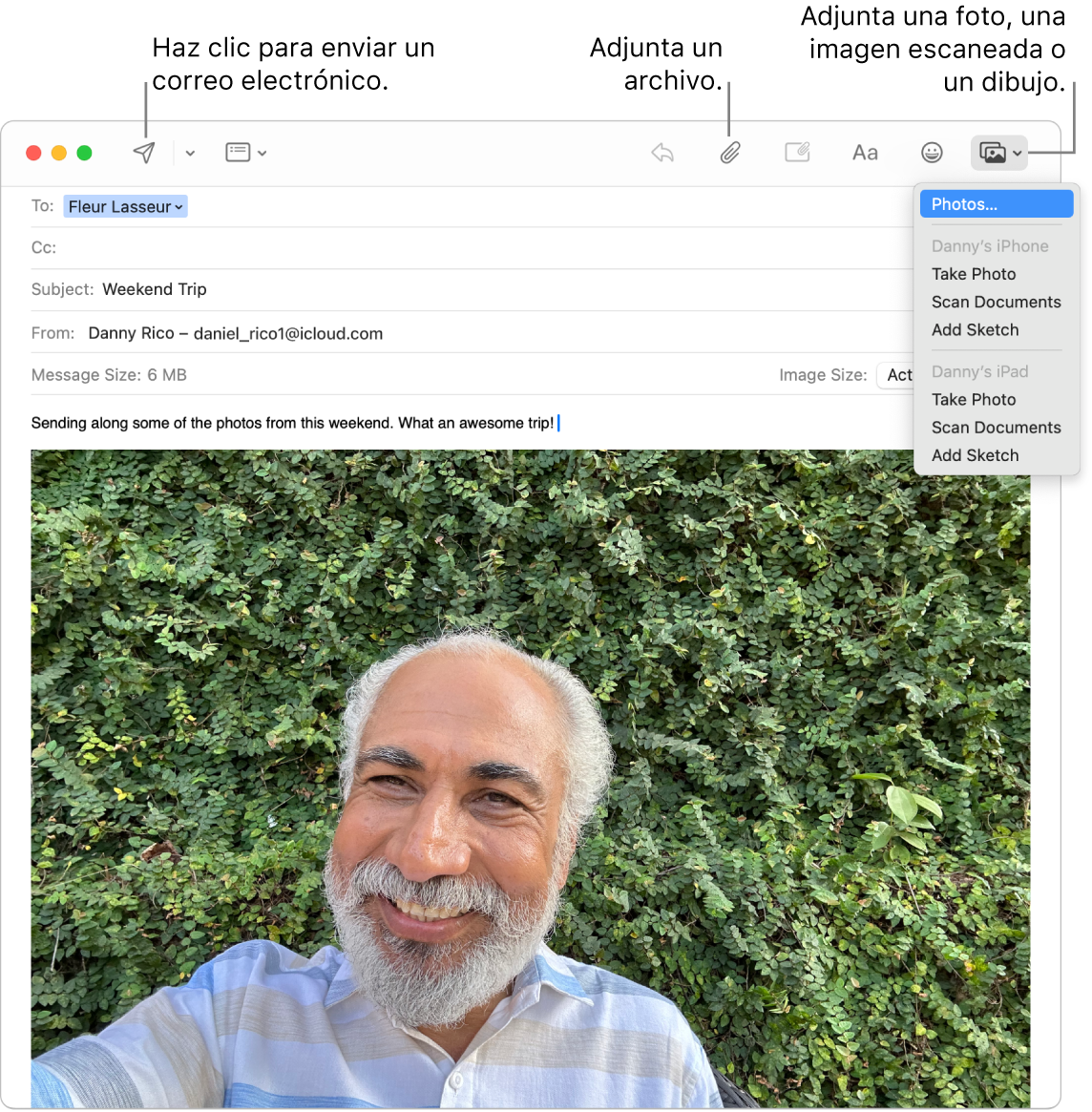 Una ventanas de Mail muestra un mensaje nuevo a medio redactar. El menú desplegable muestra opciones para adjuntar fotos o para hacer una foto, escanear un documento o añadir un dibujo desde el iPhone o iPad de Danny.