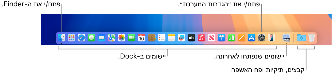 ה‑Dock עם תצוגה של ה‑Finder, ״הגדרות המערכת״ והקו המפריד ב‑Dock שמבדיל בין יישומים לבין קבצים ותיקיות.