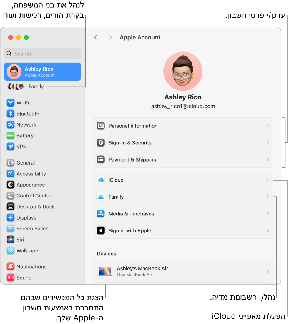 הגדרות חשבון Apple ב״הגדרות המערכת״ עם תיבות הסבר המצביעות על עדכון פרטי החשבון, הפעלה או השבתה של מאפייני iCloud, ניהול חשבונות מדיה והאזור ״משפחה״, שם ניתן לנהל חשבונות של בני משפחה, בקרות הורים, רכישות ועוד.