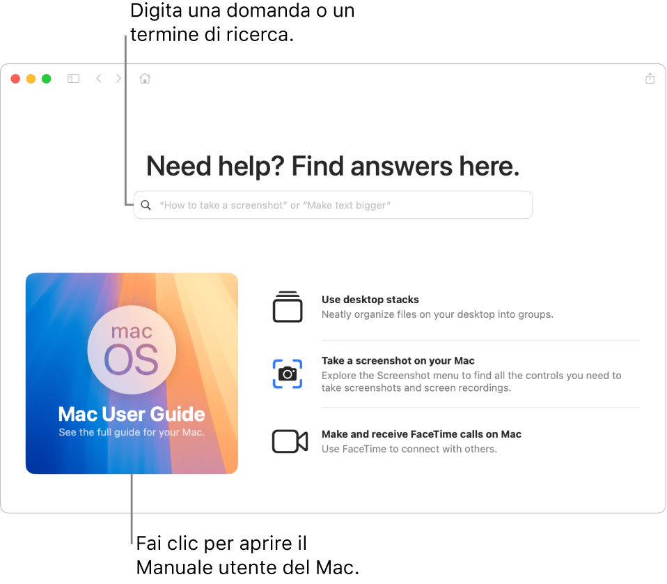 Pagina di benvenuto del Manuale utente del Mac che mostra il link dell’indice.