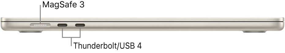 MagSafe 3 및 Thunderbolt/USB 4 포트에 대한 설명이 있는 MacBook Air의 왼쪽 부분.