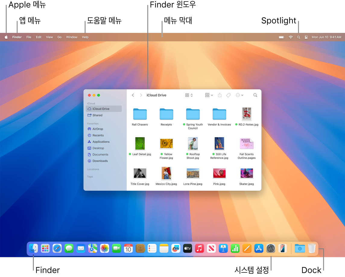 Apple 메뉴, 앱 메뉴, 도움말 메뉴, Finder 윈도우, 메뉴 막대, Spotlight 아이콘, Finder 아이콘, 시스템 설정 아이콘 및 Dock이 있는 Mac 화면.