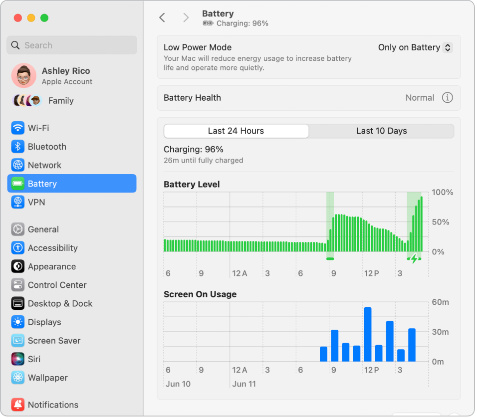 „Battery Settings“ lange rodoma vėliausių dešimties dienų energijos naudojimo informacija. Lange taip pat rodoma, kad akumuliatoriaus būsena yra normali, ir galima įjungti „Low Power Mode“.