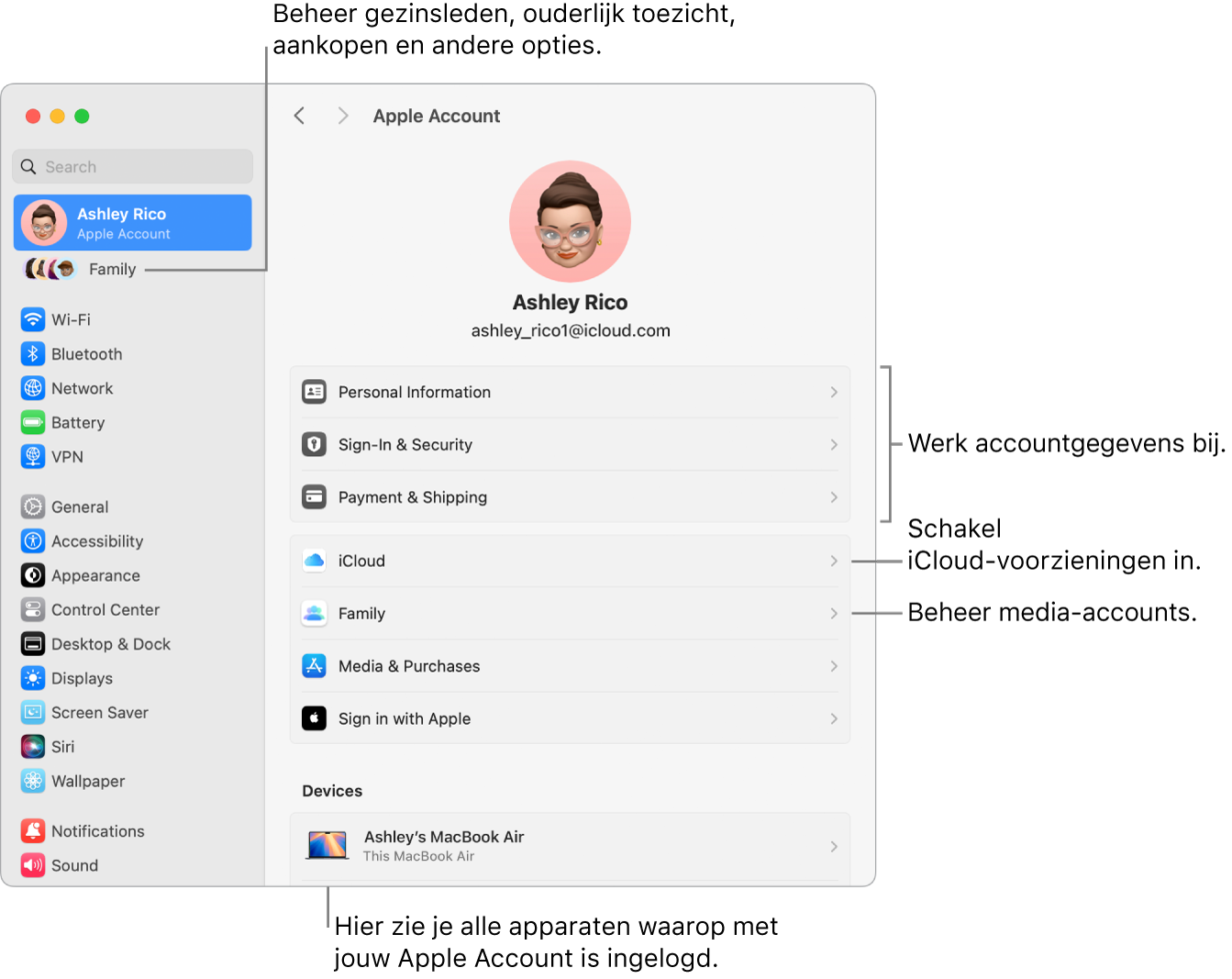 De instellingen voor 'Apple Account' in Systeeminstellingen, met bijschriften voor de opties waarmee je je accountgegevens bijwerkt, iCloud-voorzieningen in- of uitschakelt en media-accounts beheert. En de instellingen voor 'Gezin', waar je gezinsleden, ouderlijk toezicht, aankopen en andere opties beheert.