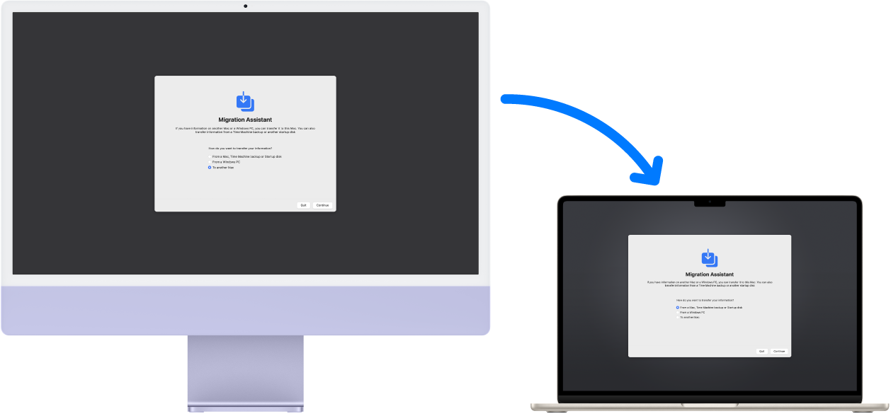 Een iMac en een MacBook Air met op beide het scherm van Migratie-assistent. Een pijl van de iMac naar de MacBook Pro symboliseert de gegevensoverdracht van de ene naar de andere computer.