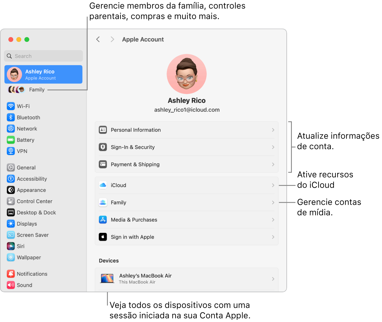 Ajustes da Conta Apple nos Ajustes do Sistema com chamadas para atualizar informações da conta, ativar ou desativar recursos do iCloud, gerenciar contas de mídia, e Família, onde você pode gerenciar membros da família, controles parentais, compras e outros.