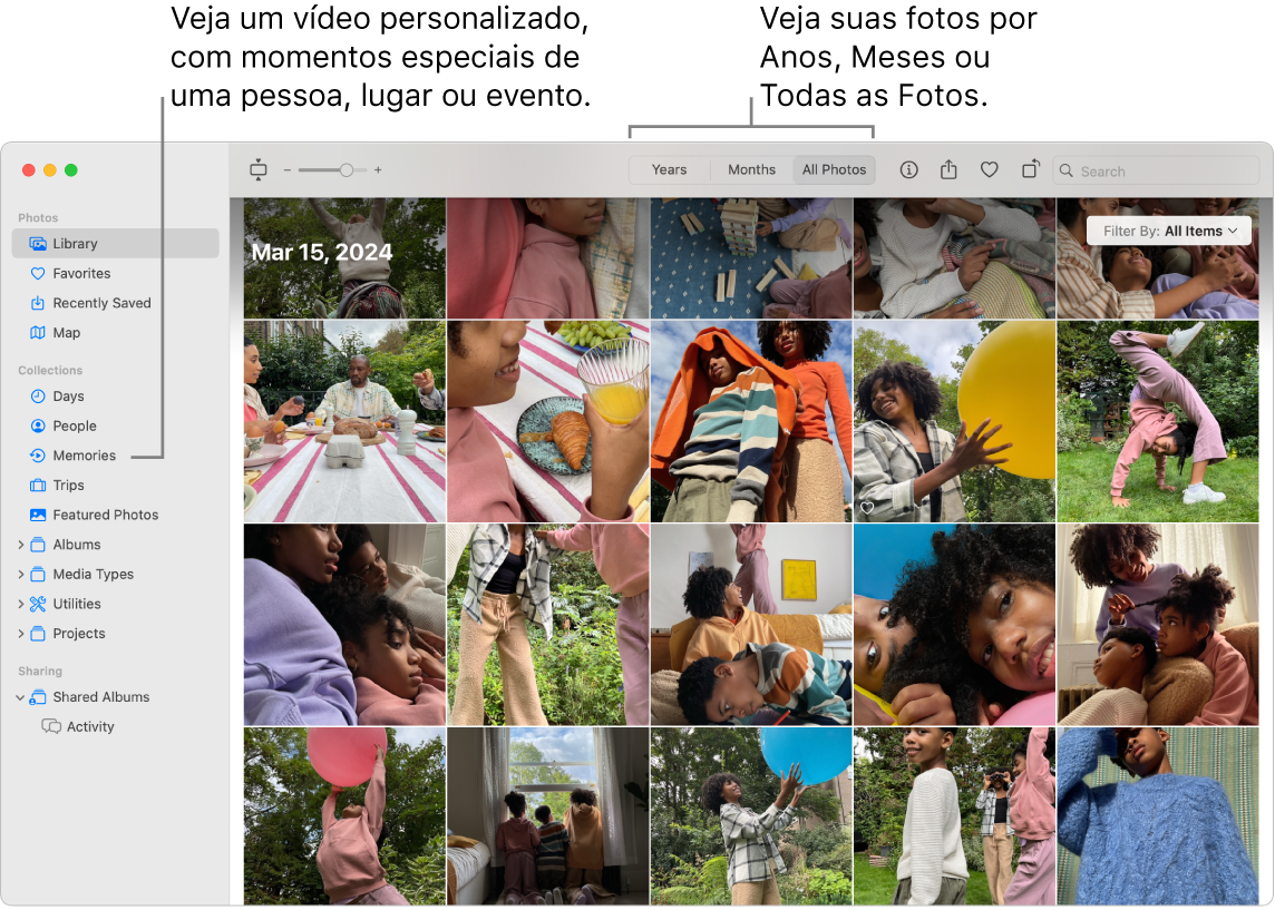 Janela do app Fotos mostrando o recurso Memórias na barra lateral esquerda e o menu local na parte superior, onde você pode ver as fotos do seu álbum por dia, mês e ano.