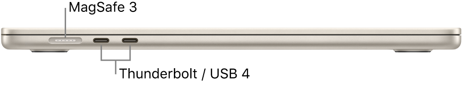Partea stângă a unui MacBook Air cu explicații pentru porturile MagSafe 3 și Thunderbolt / USB 4.
