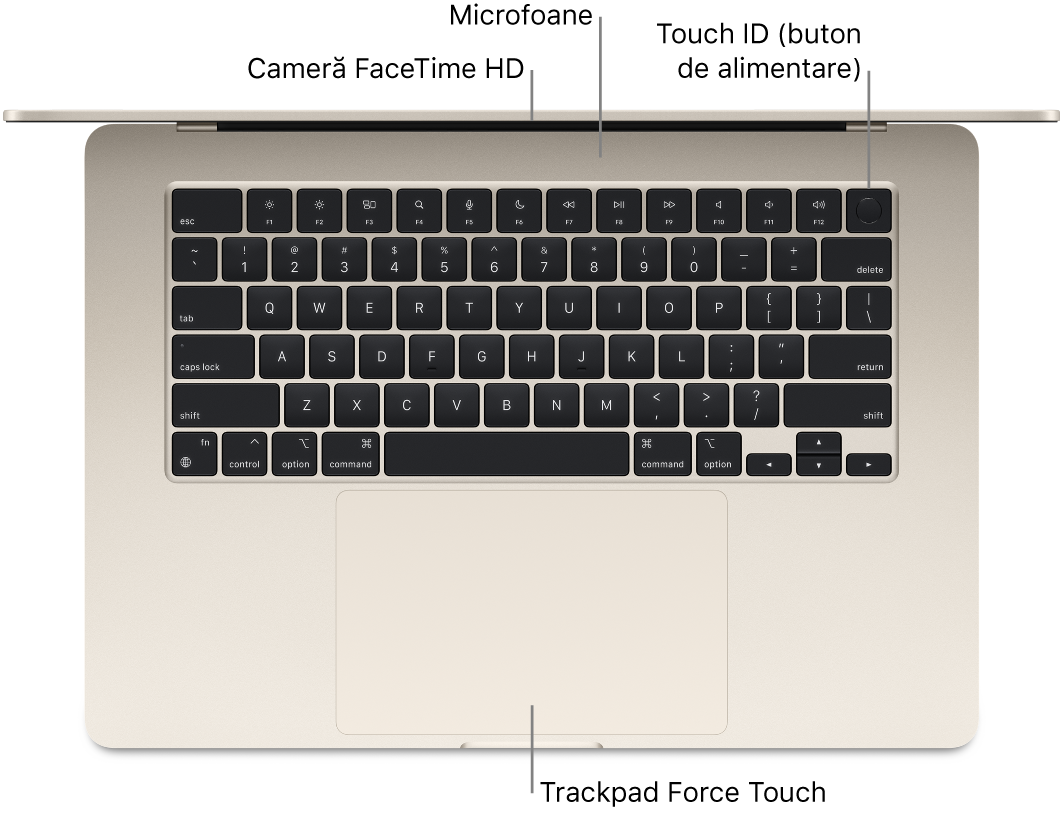 Un MacBook Air deschis, văzut din partea de sus, cu explicații pentru camera FaceTime HD, microfoane, Touch ID (butonul de alimentare) și trackpadul Force Touch.