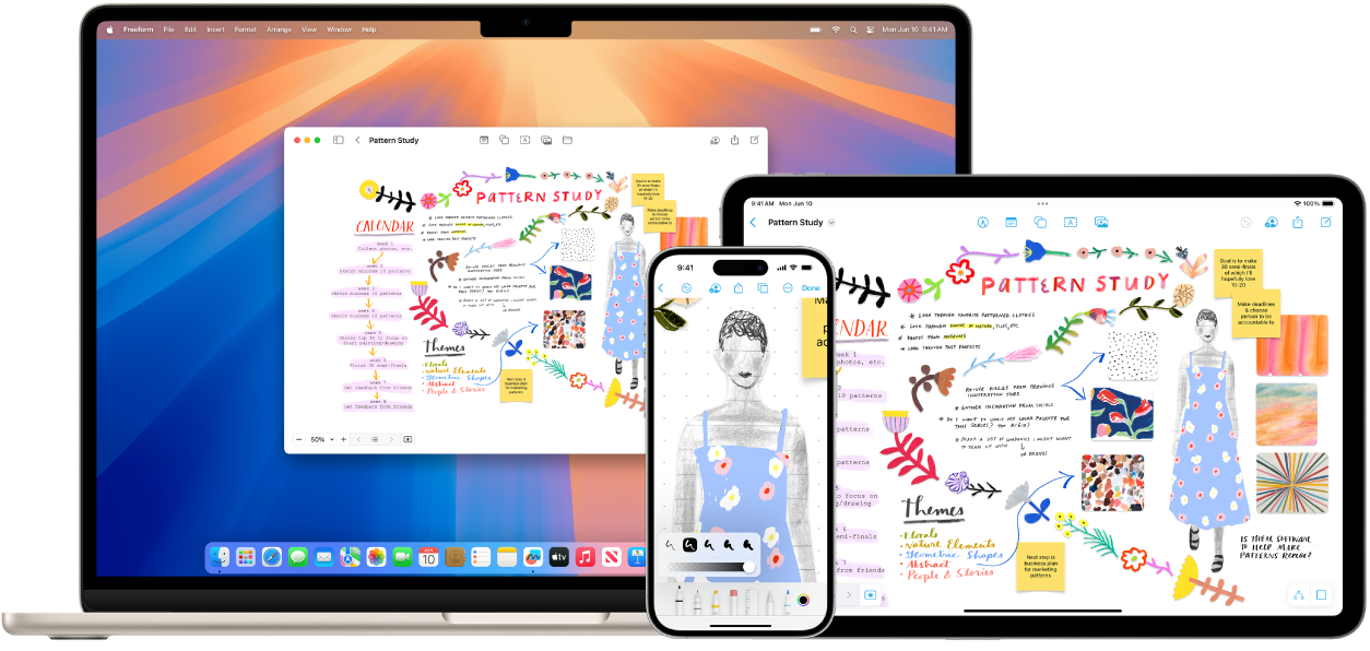 На Mac, iPhone и iPad открыто приложение Freeform с одной и той же доской.