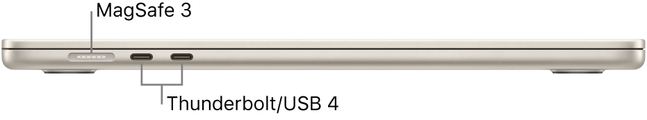 Vänstra sidan på MacBook Air med streck som pekar mot MagSafe 3- och Thunderbolt/USB 4-portarna.