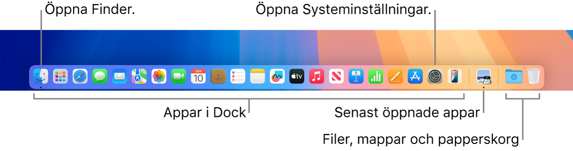 Dock som visar Finder, Systeminställningar och avdelaren i Dock som skiljer appar från filer och mappar.