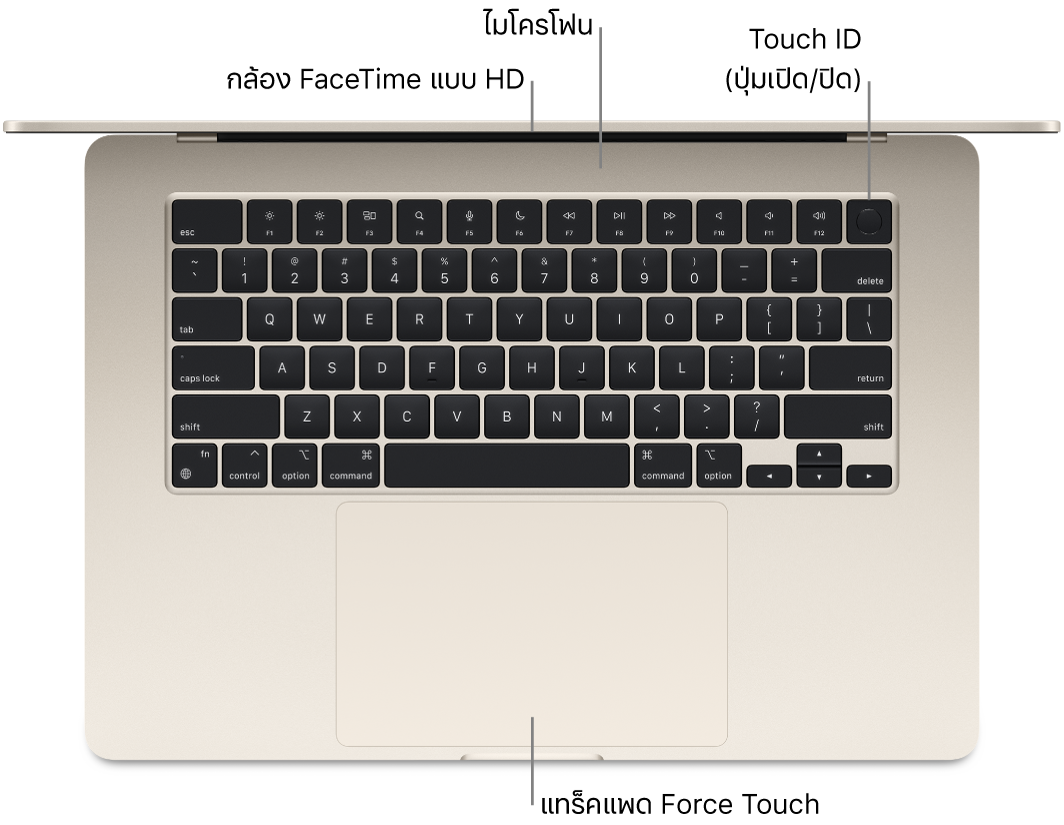 มุมมองด้านบนของ MacBook Air ที่เปิดอยู่ โดยมีคำอธิบายของกล้อง FaceTime แบบ HD, ไมโครโฟน, Touch ID (ปุ่มเปิด/ปิด) และแทร็คแพด Force Touch