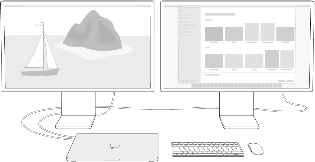 MacBook Air อยู่ถัดจาก Studio Display สองจอที่ใช้เป็นจอภาพภายนอก